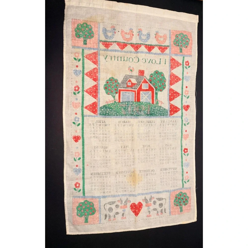 Vintage 1997 I Love Country Calendar Tea Towel Red Barn Farmhouse Decor 15.5in